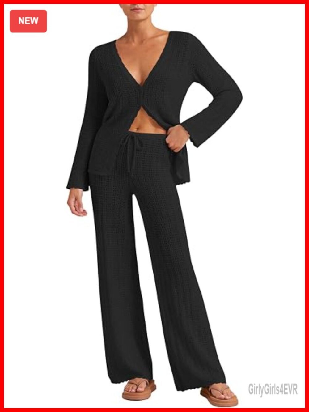 2 Piece Crochet Knit Long Sleeve Cover Up Set with Pants